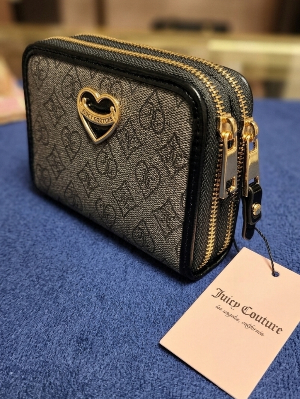 Juicy Couture Black & Gray Monogram Heart Double Zip Around Wallet NWT